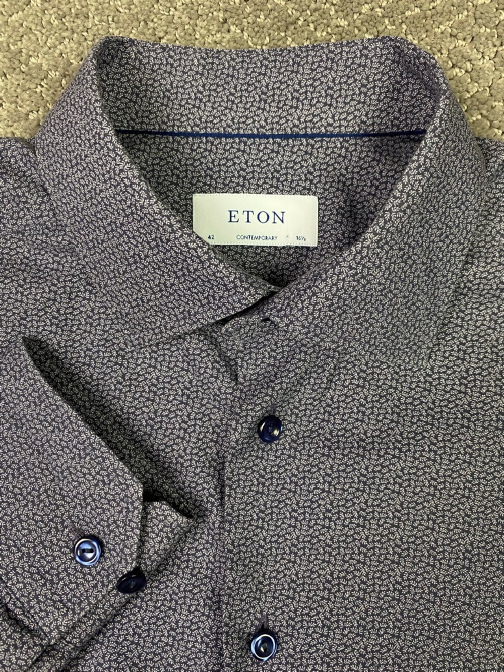 Eton Contemporary Shirt Men's 42  16.5 Navy Blue Leaf Floral Button Up Dress